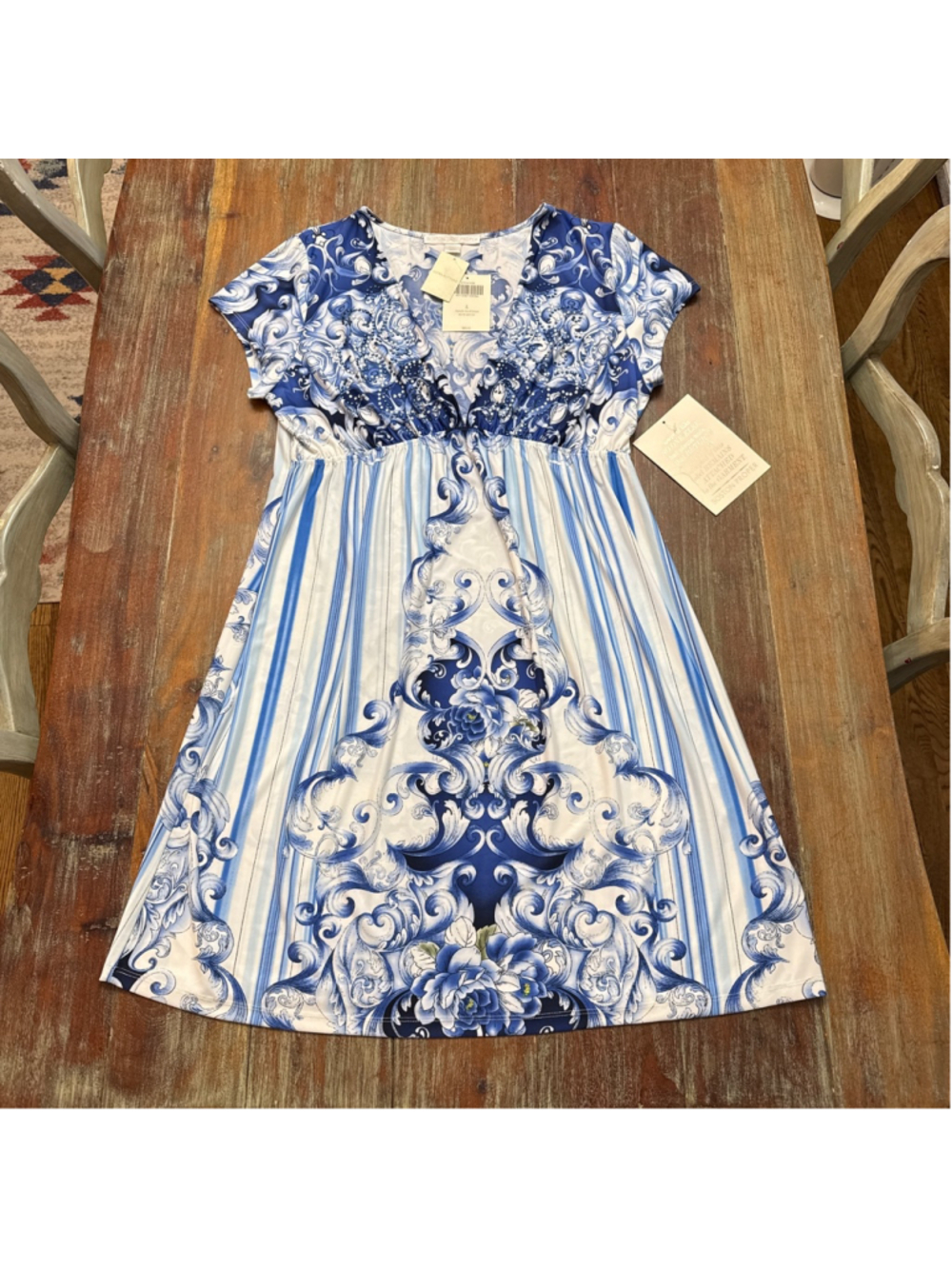 NWT Boston Proper Aquatic Scroll Dress Size L Blue White Embellished Empire Wais
